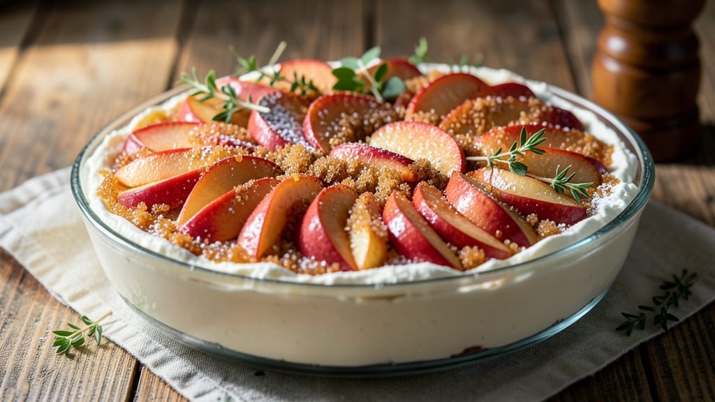 Apple Crisp Cheesecake No-Bake Recipe: Warm Spiced Apple Streusel Over Creamy Cheesecake Bliss